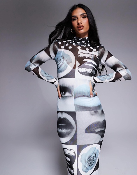 AFRM Shailene mock neck midi length dress with detachable lining in mono pop art