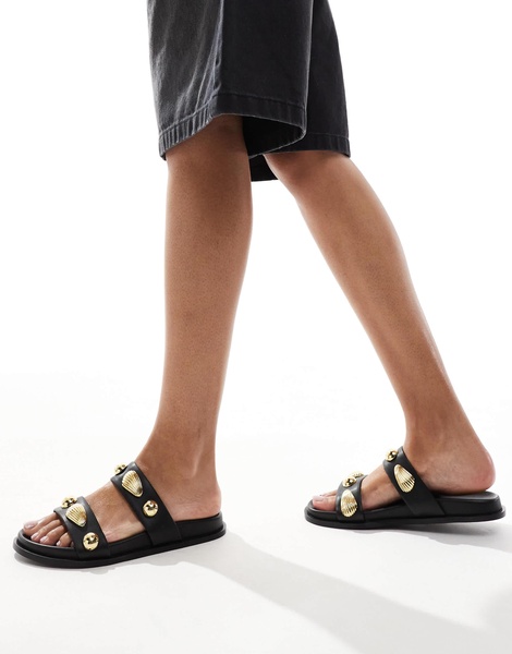 4th & Reckless gold shell embellished double strap flat sandals in black