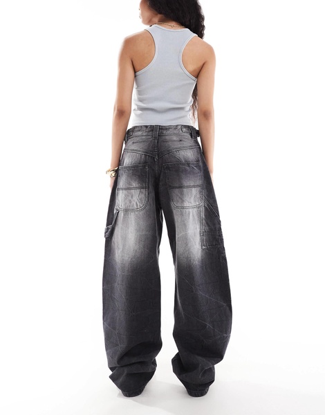 Bershka Petite adjustable waist carpenter jeans in black