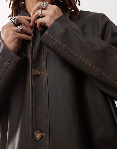 Reclaimed Vintage leather look longerline shacket in dark washed brown