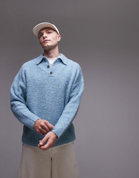 Topman oversized fit boucle polo shirt in heathered blue