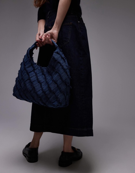 & Other Stories small denim tote bag with fringe in midwash blue