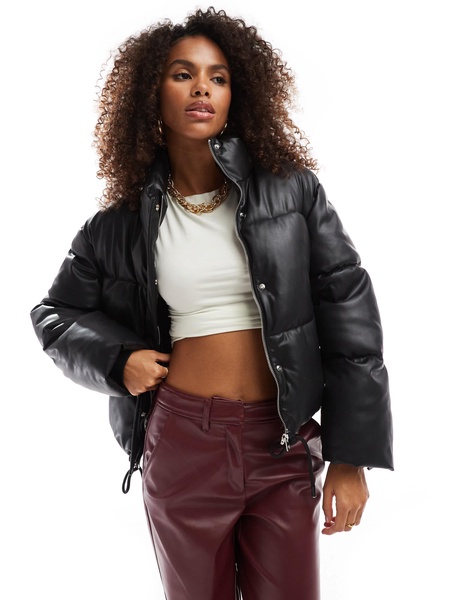 Bershka faux leather padded jacket in black