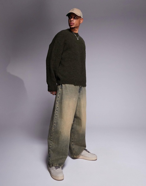 ASOS DESIGN oversized boxy fit textured knit crew neck sweater in olive