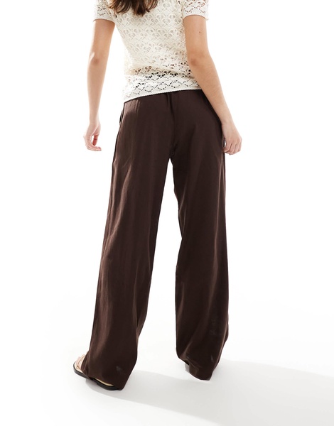Bershka tie waist wide leg linen pants in brown