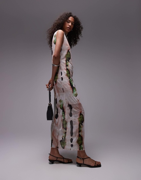 Topshop sleeveless relaxed crinkle midi dress in abstract art print