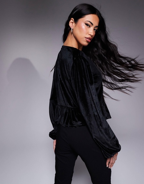 ASOS DESIGN velvet tie front long sleeve top in black