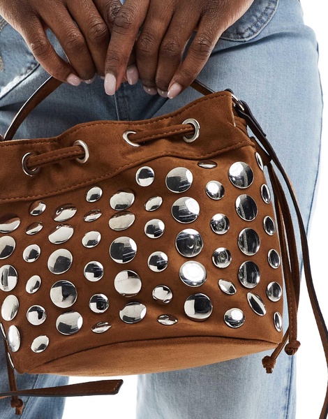 Stradivarius studded shoulder bag in brown