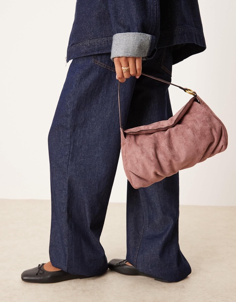 ASOS DESIGN faux suede shoulder bag with fold-over flap detail in mauve