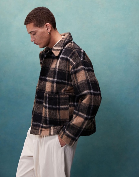 ASOS DESIGN oversized wool look check worker jacket in brown