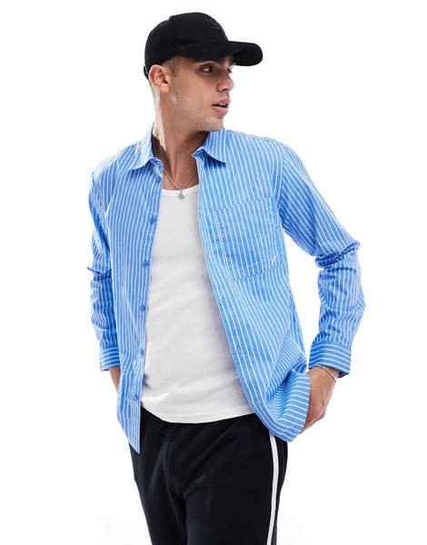Another Influence striped poplin patch pocket shirt in blue