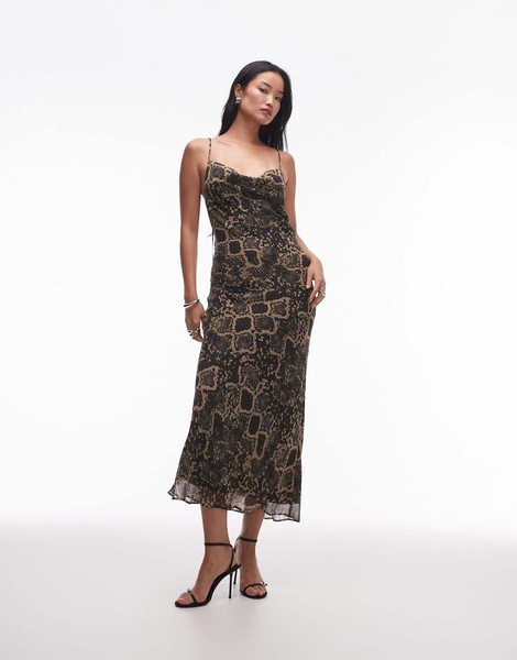 Topshop twist back cowl neck midi slip dress in snake print