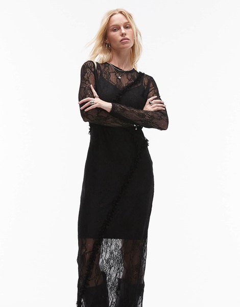 Topshop lace ruffle long sleeve maxi dress in black