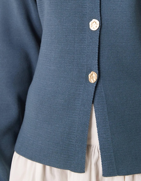 ASOS DESIGN knit structured crew neck cardigan with gold buttons in petrol blue