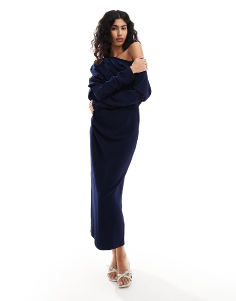 ASOS DESIGN slouchy fallen shoulder midi dress in navy