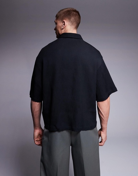 ASOS DESIGN overhead boxy plisse regular shirt in black