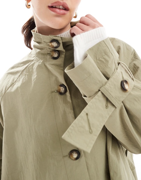ASOS DESIGN funnel neck cape back cropped trench coat in olive