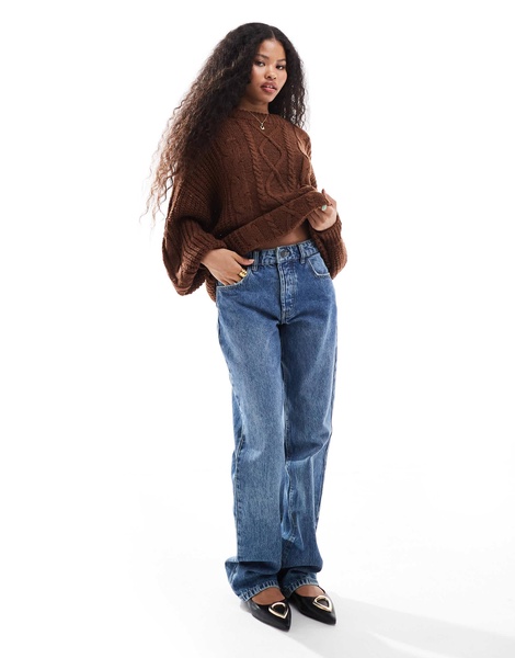 Brave Soul Petite oversized cable knit sweater in brown