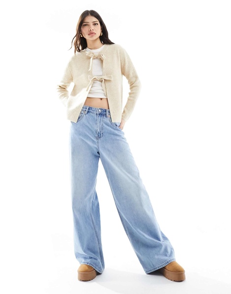 Pieces reversible tie front cardigan in light beige