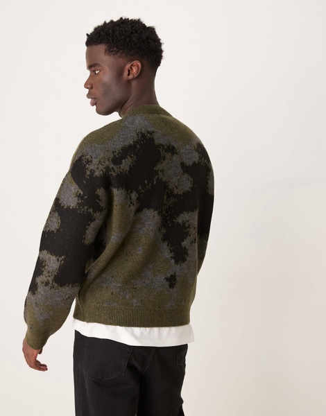 ASOS DESIGN relaxed boxy fit knit crew neck sweater with pattern in black