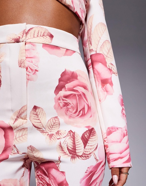 ASOS LUXE slim fit tailored pants with embellished button detail in rose print - part of a set