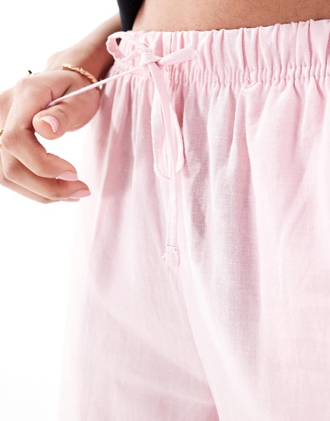 Bershka tie waist wide leg linen pants in pink