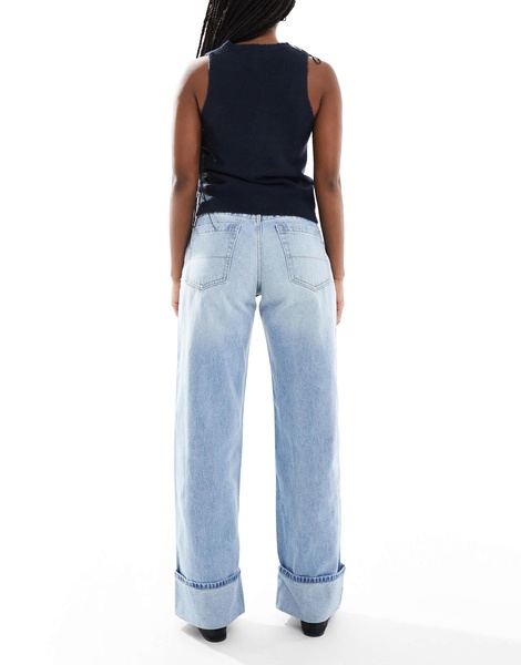 Bershka cuffed wide leg jeans in light wash blue