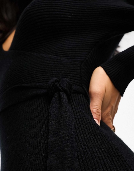 Vero Moda Petite wrap belted long sleeve knitted mini dress in black