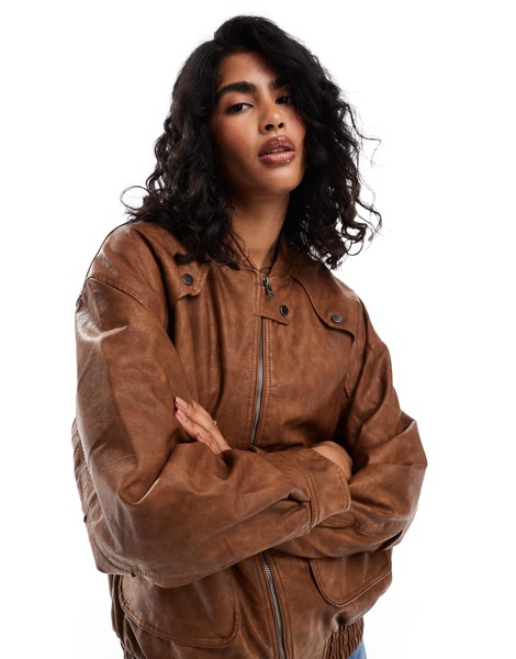 Bershka faux leather oversized bomber jacket in tobacco