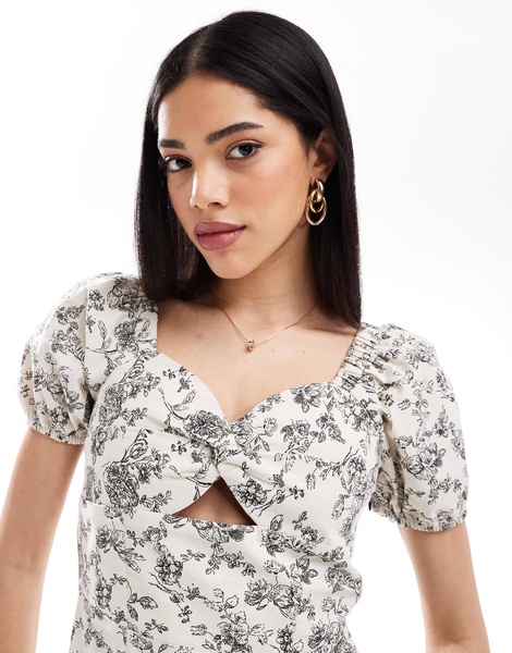 Brave Soul milkmaid puff sleeve linen blend mini dress in white floral print