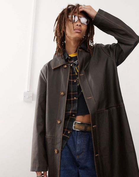 Reclaimed Vintage leather look longerline shacket in dark washed brown