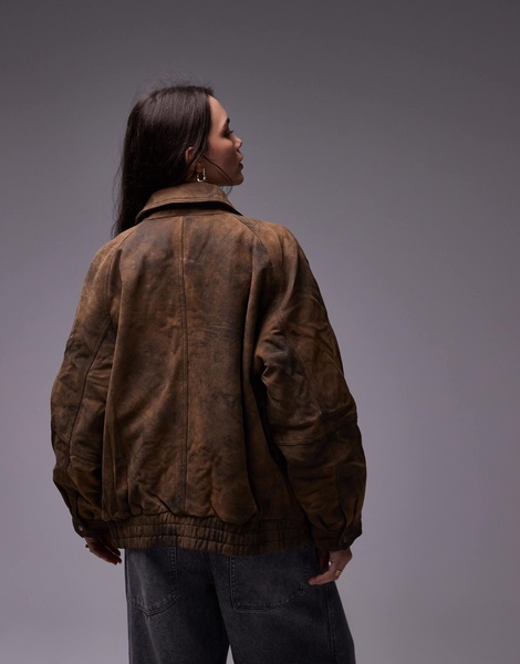 Topshop Premium real leather oversized bomber jacket in stone