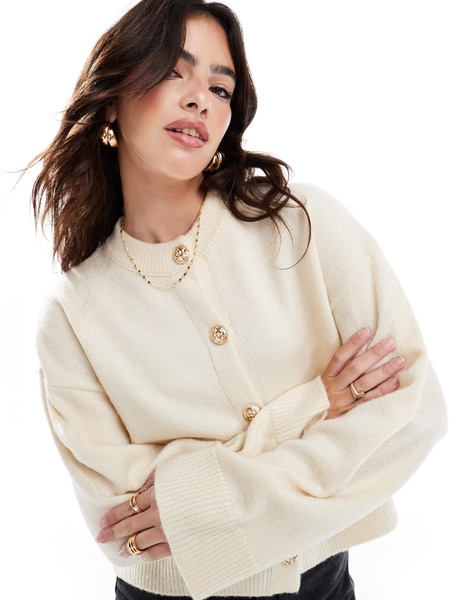 ASOS DESIGN crew neck cardigan with gold button detail in cream