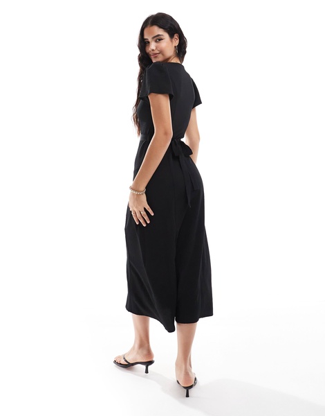 ASOS DESIGN button through midi tea dress with tie back in black
