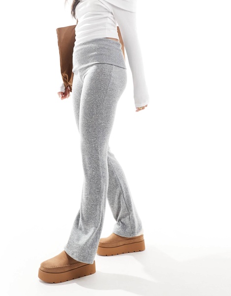 Bershka fold over waistband soft touch flared pants in gray