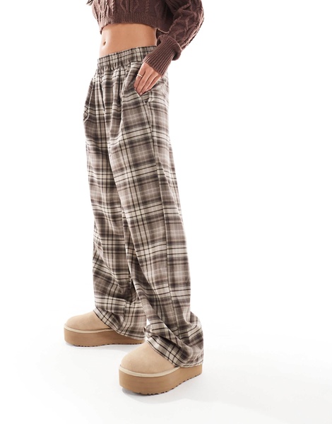 Bershka button front pull on wide leg pants in brown plaid