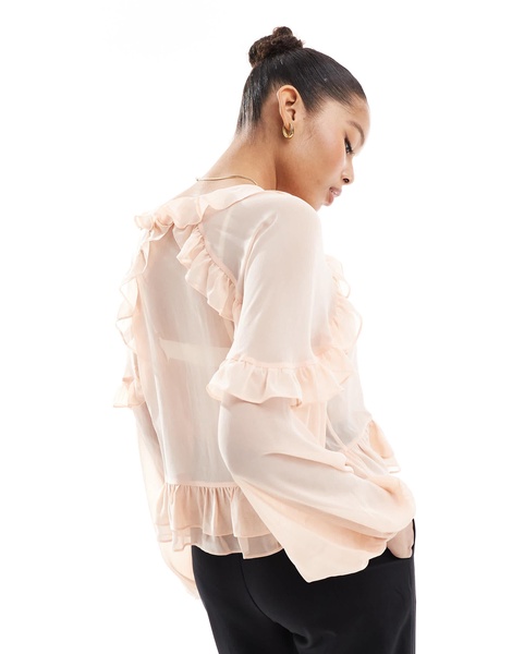 ASOS DESIGN chiffon ruffle volume sleeve blouse in soft pink