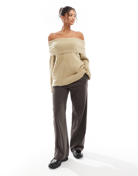 Bershka bardot cable knit sweater in khaki