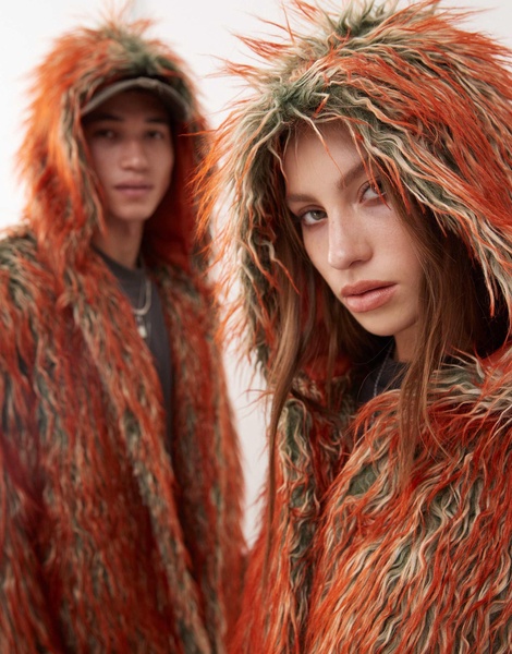 COLLUSION unisex overhead fur coat in orange