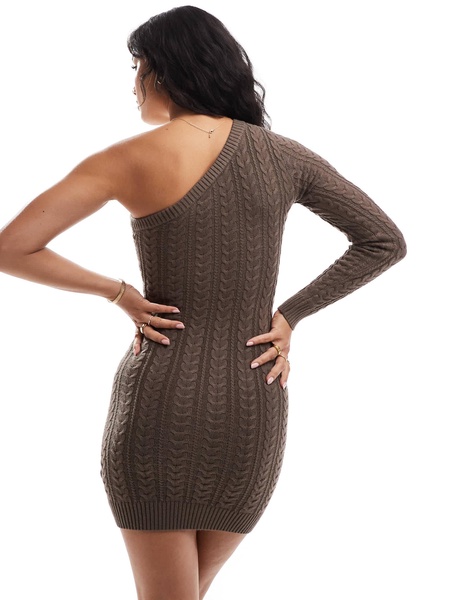 Bershka one shoulder cable knit mini dress in brown