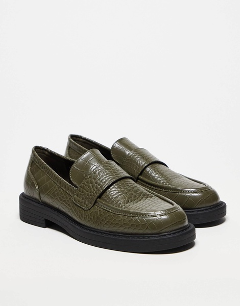 ASOS DESIGN embossed loafers in olive green
