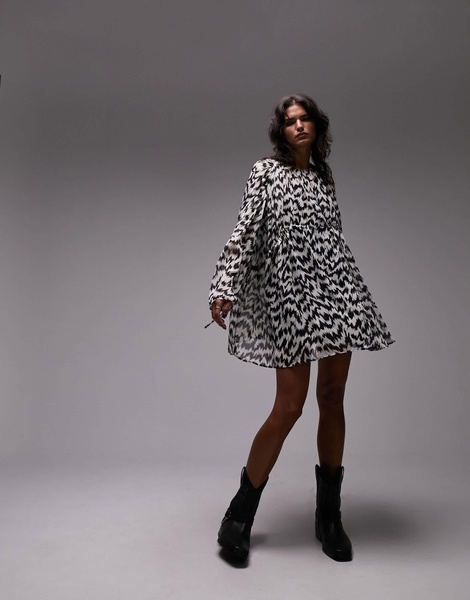 Topshop oversized gathered channel waisted printed mini dress in mono