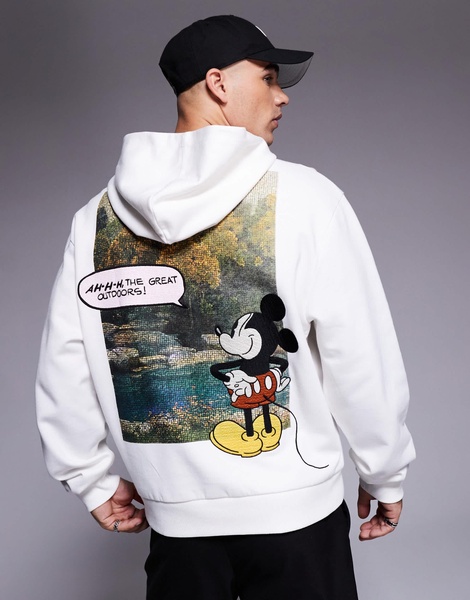 ASOS DESIGN Disney unisex oversized hoodie with Mickey print in off-white