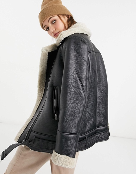 Stradivarius contrast borg collar aviator jacket in black
