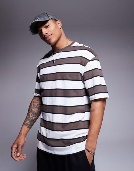 ADPT oversized stripe T-shirt in brown/cream
