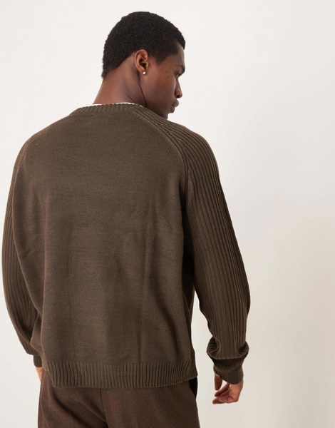 ASOS DESIGN oversized boxy fit knit crew neck sweater with ribbed sleeves in brown