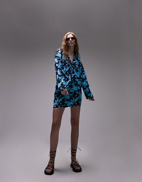 Topshop long sleeve tie up printed top in turquoise - part of a set
