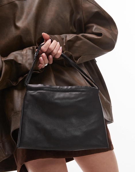 Mango leather ruched top shoulder bag in black