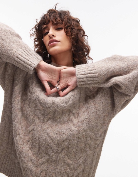 Topshop knit fluffy oversized cable sweater in oat