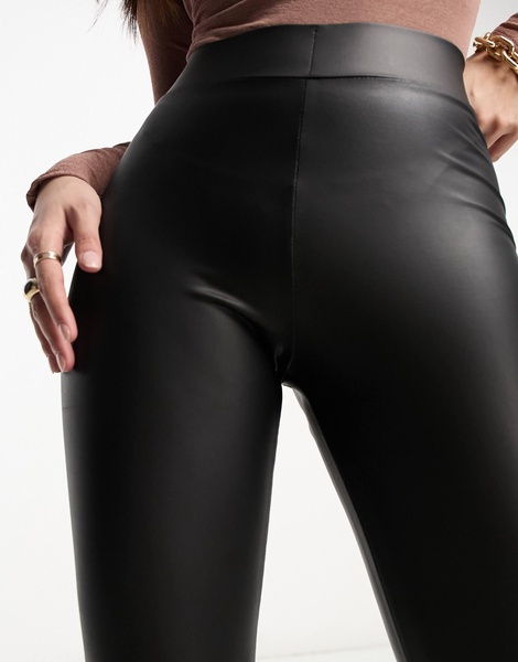 Pieces Petite high waisted coated leggings in black